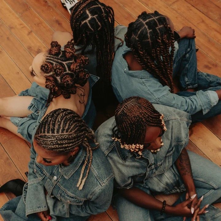 Overhead view of geometric cornrow patterns